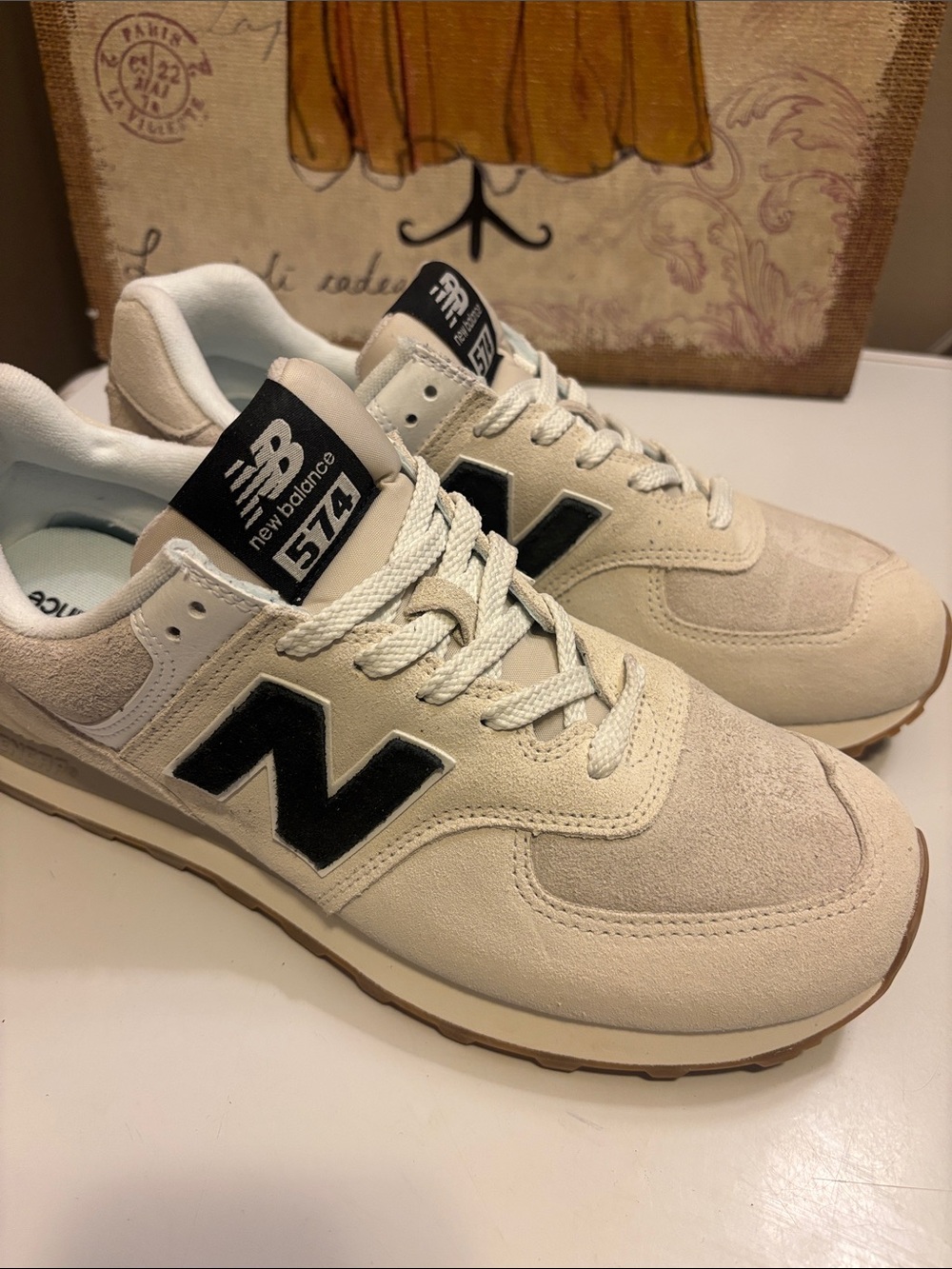 New Balance 574 Men's Cream Suede Sneakers with Black 'N' Logo